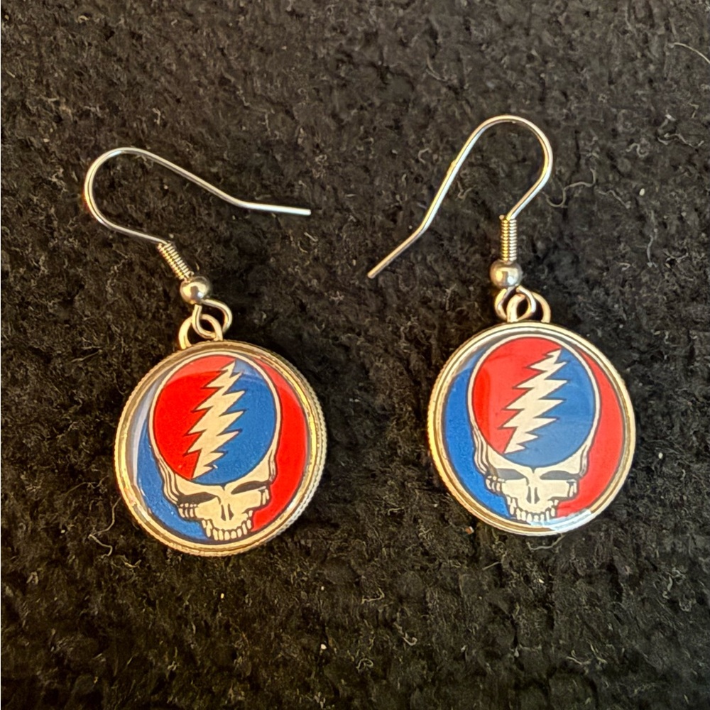Grateful Dead Red & Blue Lightning Skull Dangle Earrings